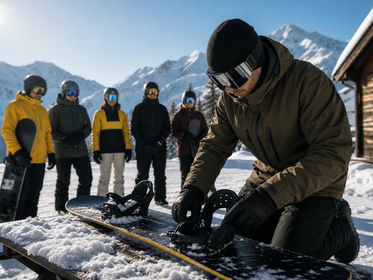Snowboard instruktor priprema opremu za školu i izlet
