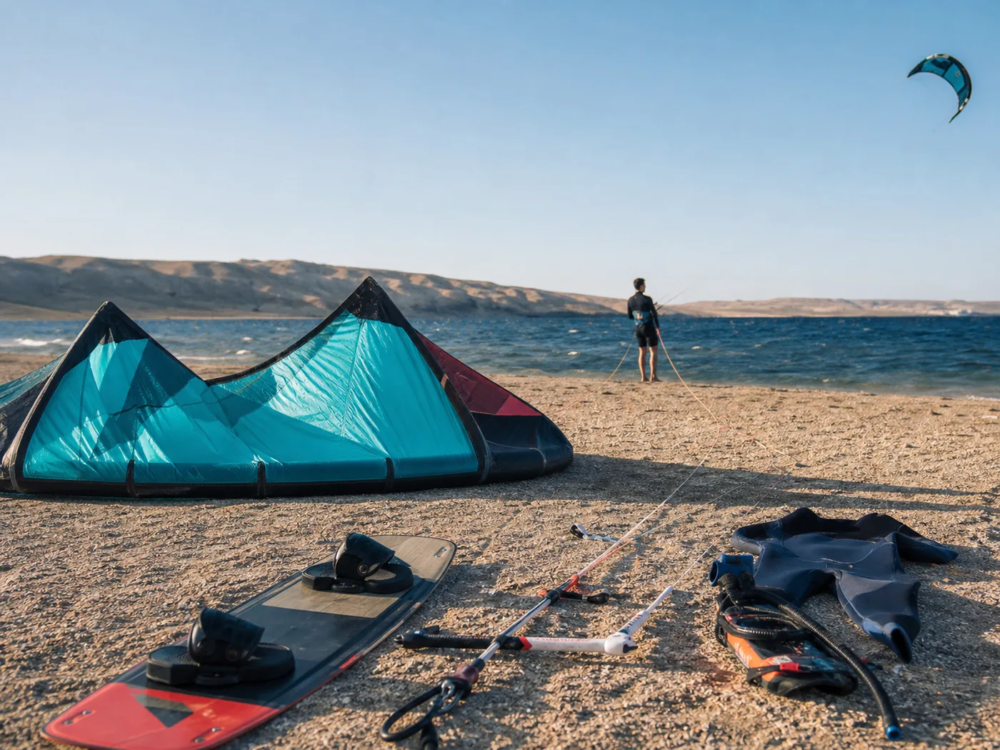 Kitesurf oprema pripremljena na otvorenoj plaži