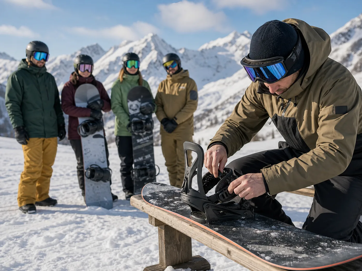 Snowboard instruktor priprema opremu za malu grupu